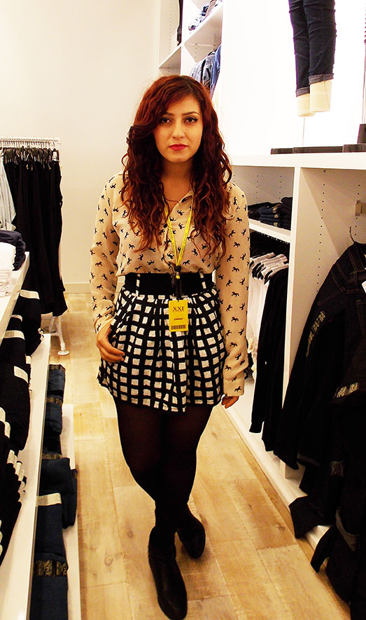 Forever21 employee Raha Hassan wears big, bold prints in neutral colours. 