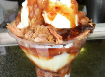 Pork and bean sundae anyone? Tender pulled pork,  mashed potatoes and sweet bean goodness all in a cup. 