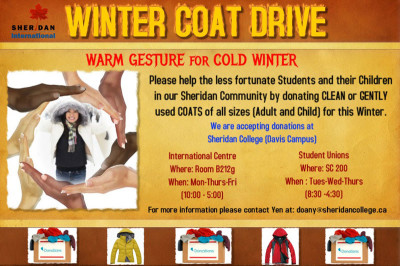 Winter Coat Drive Posters with drop off hours can be found in the halls at Davis Campus.