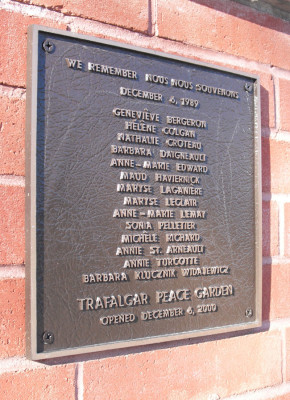 A plaque mounted in Trafalgar's Peace Garden, listing the names of those who died in the École Polytechnique shooting.