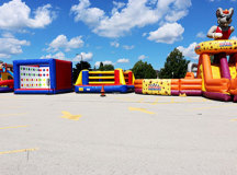 (from right to left) the slam dunk, Four-way-twister, Boxing, and the Rat Race obstacle course.