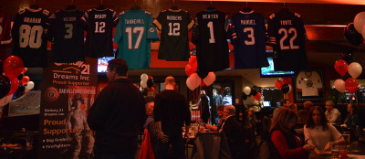 Jerseys were hung in a line above one of the seating areas, gaining attention from the patrons.