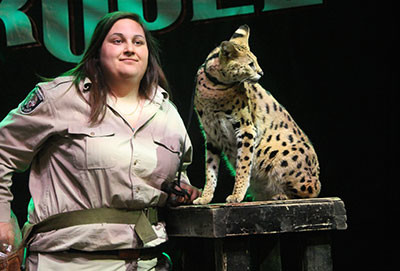 Jen Bird poses with Murphy the serval as it shows off its spots and stripes.