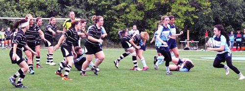 Sheridan Bruins Carly Donaldson charging into Condor territory at their game on Sept. 17