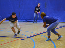 Nadene Boothe, closes in on Eric Bourdages during a game of dodge ball.