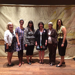 Photo Credit: Research Manager Amanda Bradford-Janke (From left to right, Mary Burnett, CEO, Alzheimer Society of Halton Hamilton, Julia Gray, Playwright/Director, JoAnne Chalifour, Regional Director of Operations, Alzheimer Society of Halton Hamilton, Sherry Dupuis, Co-Principal Investigator, Research Team, Gail Mitchell, Research Team, Amanda Bradford-Janke, Research Manager, Gilbrea Centre for Studies in Aging, McMaster University)