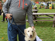 This Maple Leaf fan hangs out with his owner at the Mutts and Monsters event.