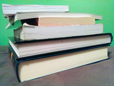 Textbook pile. (Photography by Nicole Calhau / The Sheridan Sun)