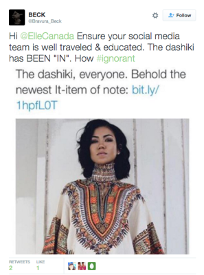 Backlash from Elle Canada's tweet regarding the dashiki as the "new it-item."