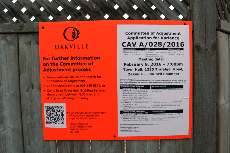Notices posted for variances are becoming more common around the neighbourhood. (Photo by Natalia Camarena/The Sheridan Sun)